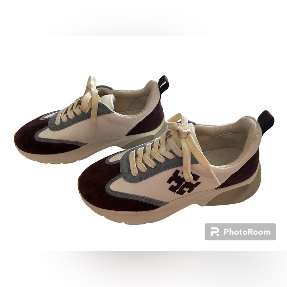 New Tory Burch Women’s Good Luck Trainer Sneakers (white/plum/blue), size 8.5
